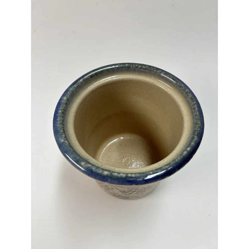 Handmade Two Handled Salt-Glazed 4” Crock With Blueberry Basket Design Country
